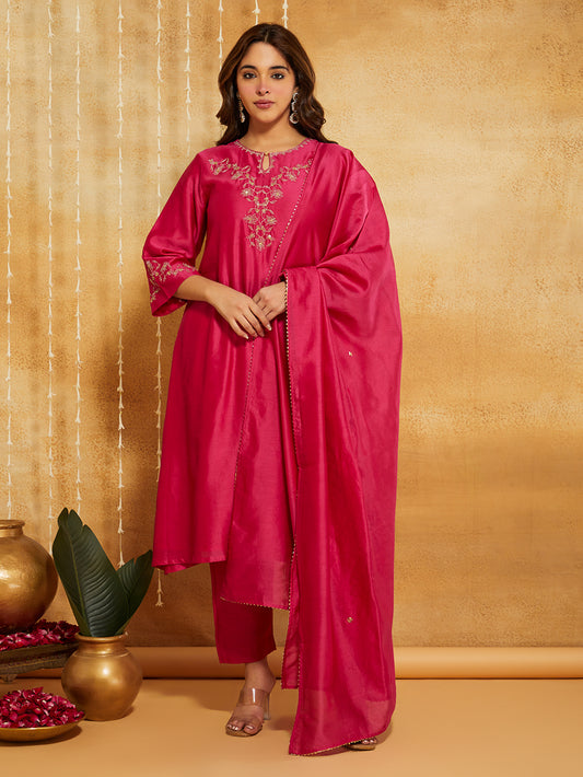 Fuchsia Embroidered Chanderi Silk Suit- Set of 3