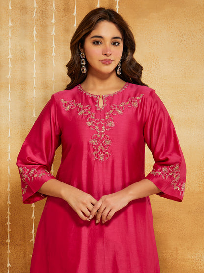 Fuchsia Embroidered Chanderi Silk Suit- Set of 3