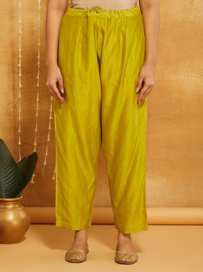 Lime Green Embroidered Chanderi Silk Suit- Set of 3