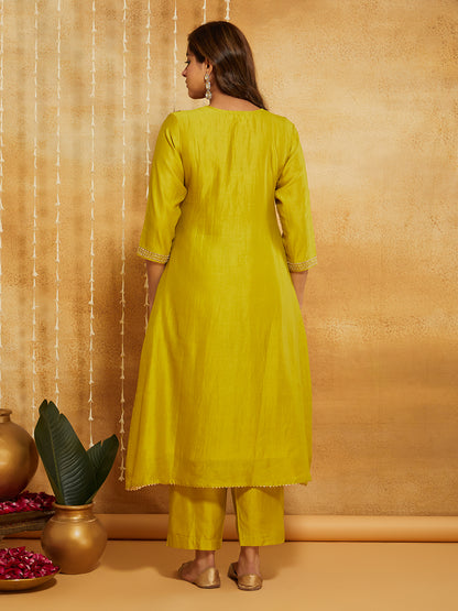 Lime Green Embroidered Chanderi Silk Suit- Set of 3