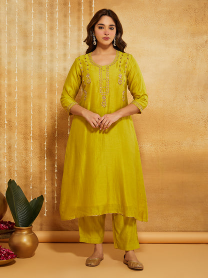 Lime Green Embroidered Chanderi Silk Suit- Set of 3
