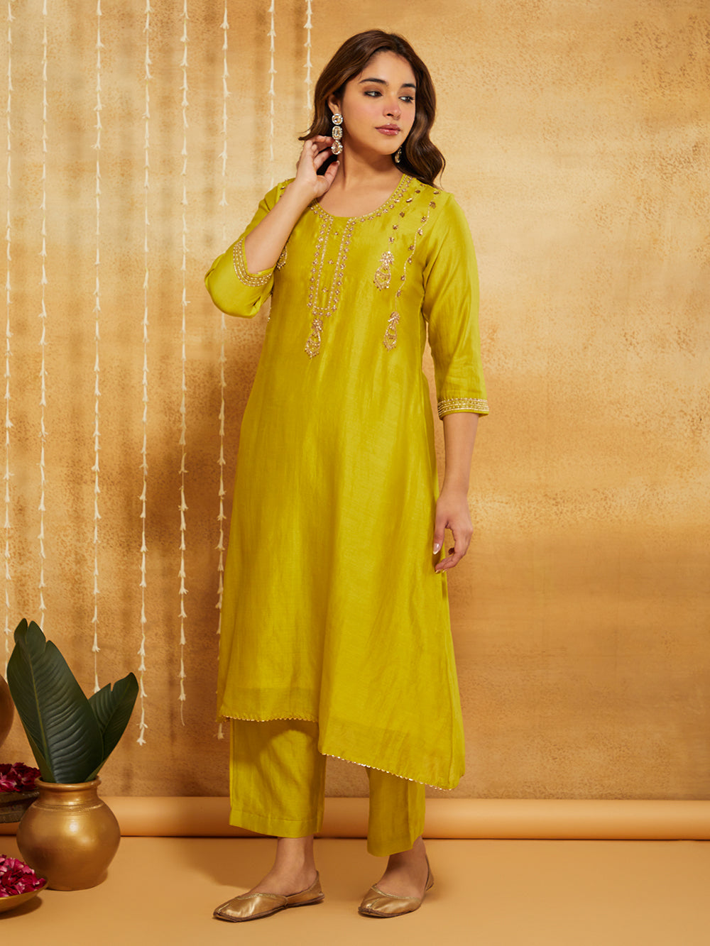 Lime Green Embroidered Chanderi Silk Suit- Set of 3