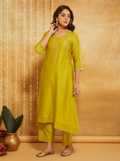 Lime Green Embroidered Chanderi Silk Suit- Set of 3