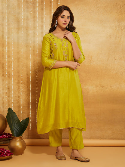 Lime Green Embroidered Chanderi Silk Suit- Set of 3