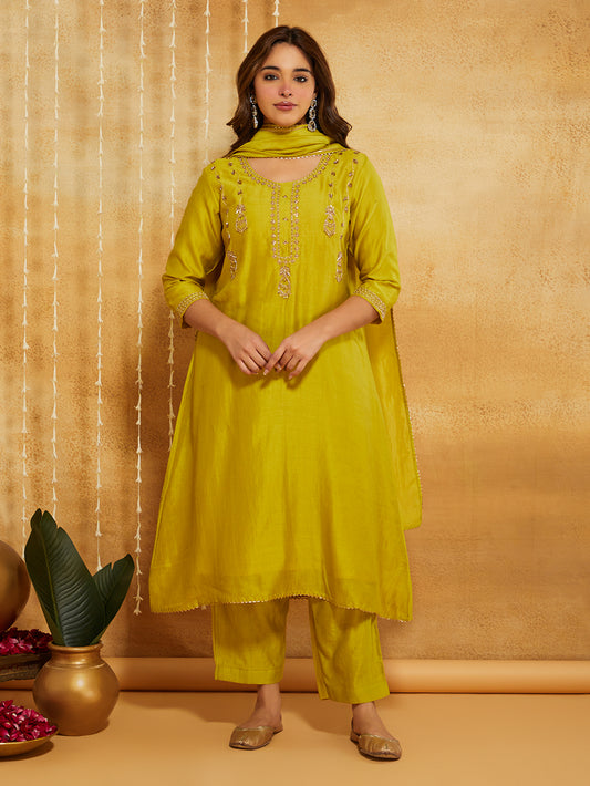 Lime Green Embroidered Chanderi Silk Suit- Set of 3