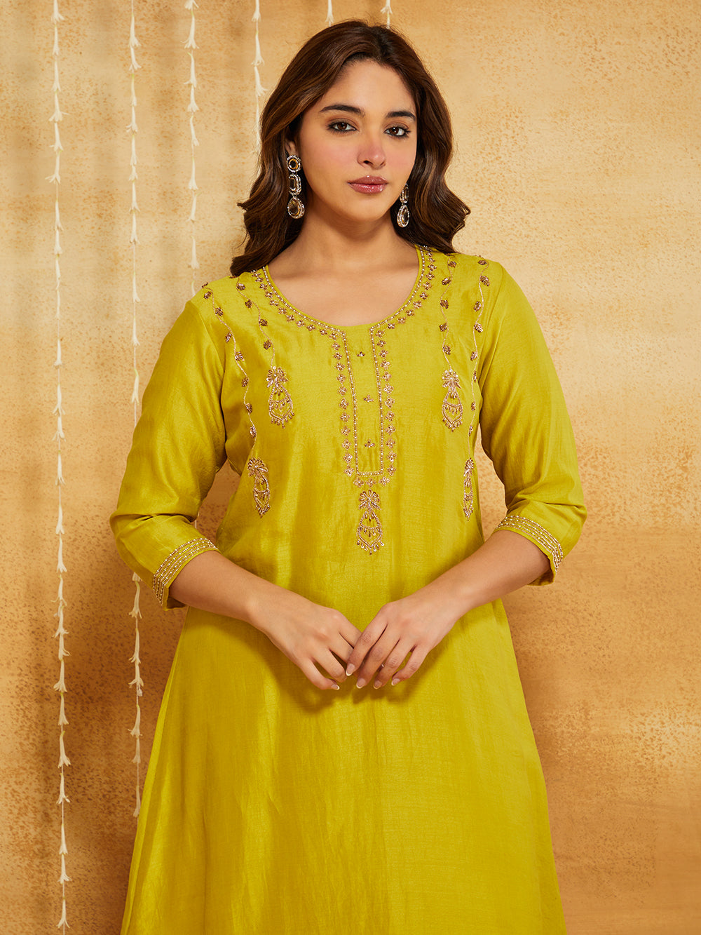 Lime Green Embroidered Chanderi Silk Suit- Set of 3