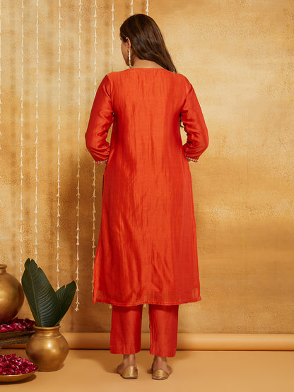 Orange Embroidered Chanderi Silk Suit- Set of 3