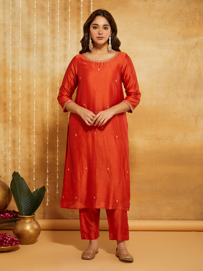 Orange Embroidered Chanderi Silk Suit- Set of 3