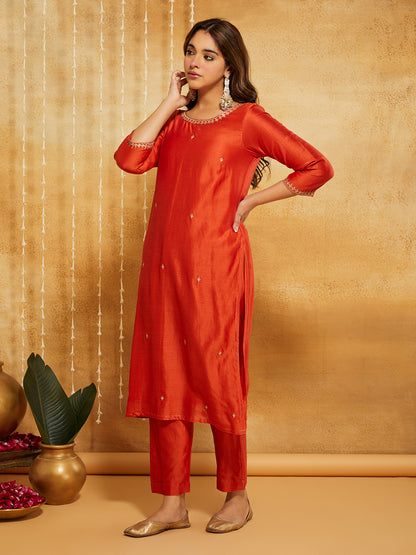 Orange Embroidered Chanderi Silk Suit- Set of 3