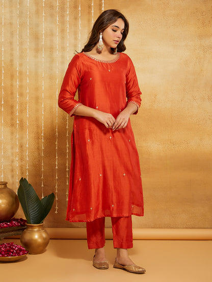 Orange Embroidered Chanderi Silk Suit- Set of 3