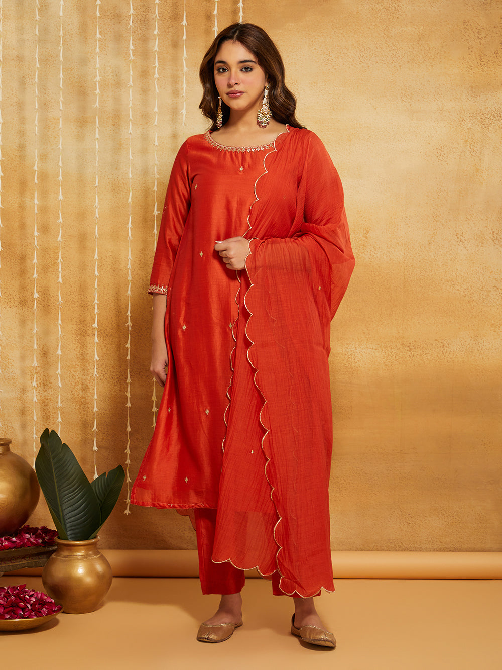 Orange Embroidered Chanderi Silk Suit- Set of 3