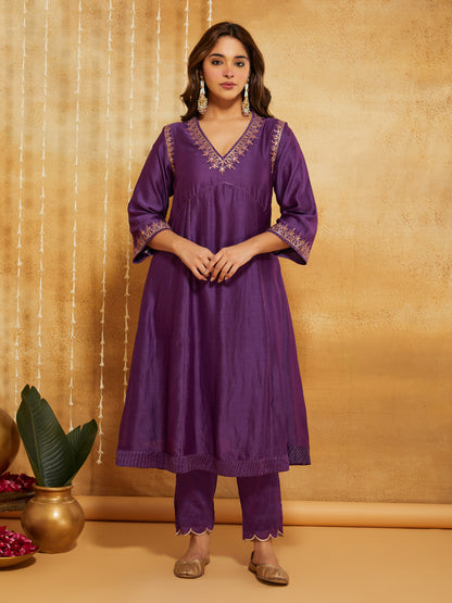 Purple Embroidered Chanderi Silk Suit- Set of 3
