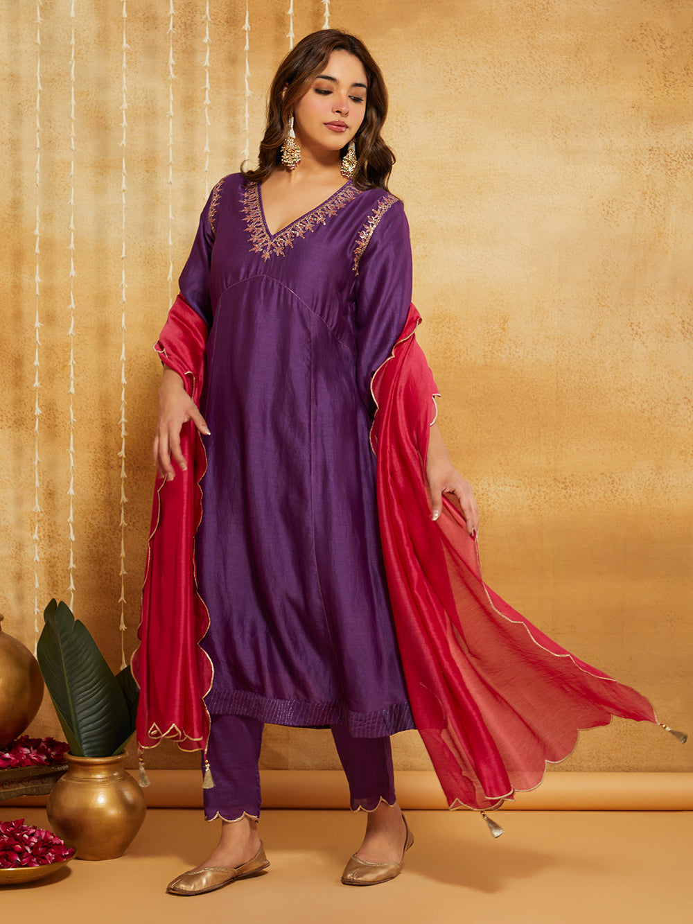 Purple Embroidered Chanderi Silk Suit- Set of 3