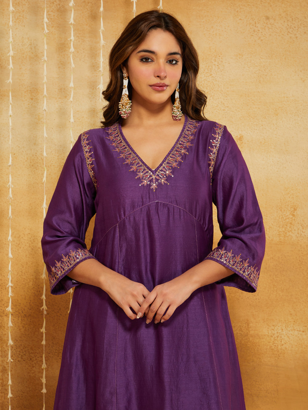 Purple Embroidered Chanderi Silk Suit- Set of 3