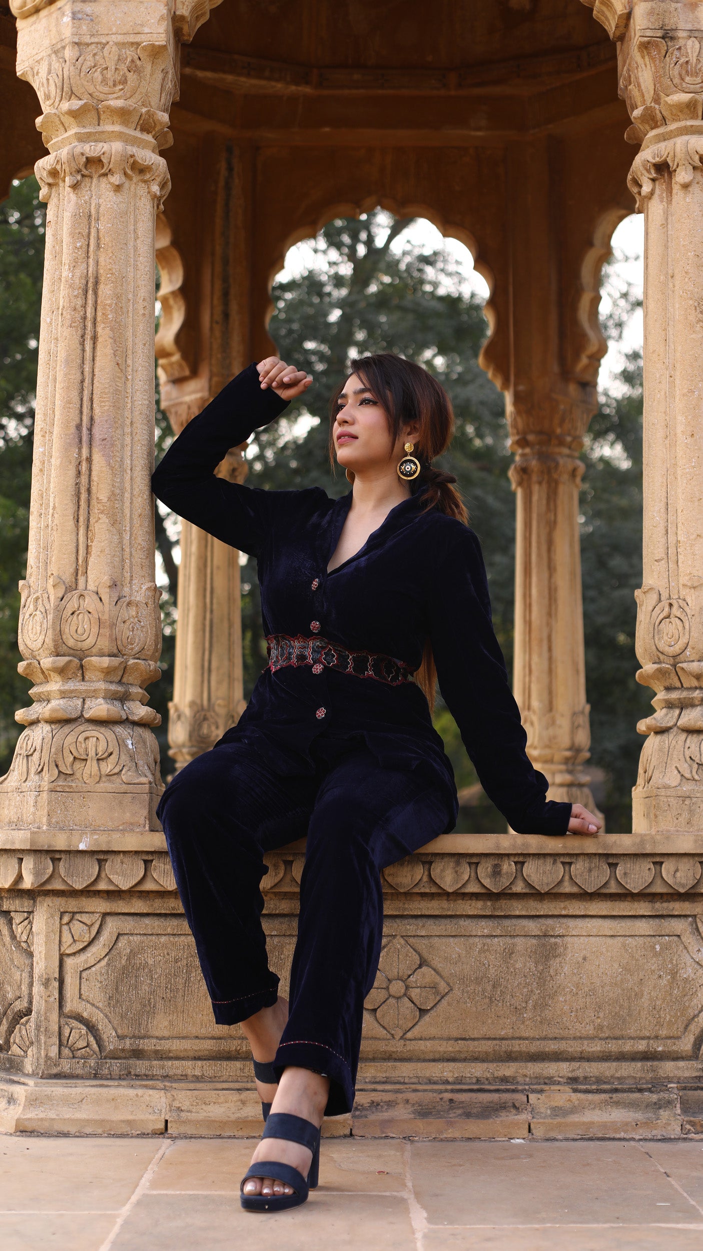 Navy Blue Velvet Cordset with Silk Embroidered Belt