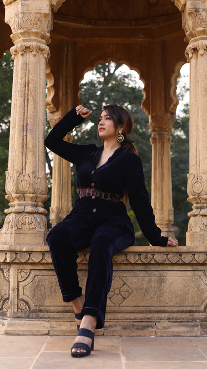 Navy Blue Velvet Cordset with Silk Embroidered Belt