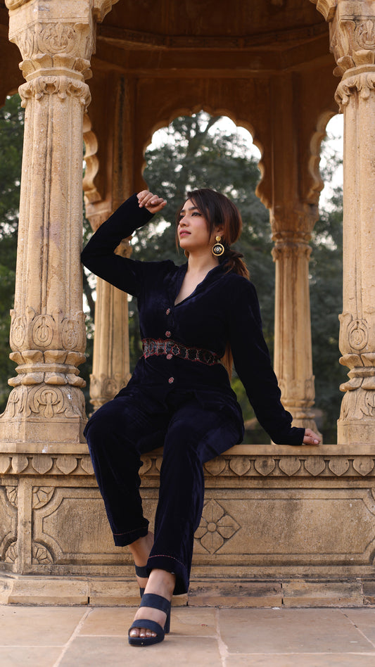 Navy Blue Velvet Cordset with Silk Embroidered Belt