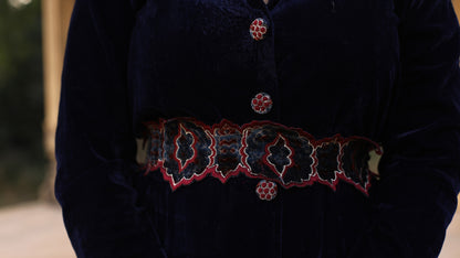 Navy Blue Velvet Cordset with Silk Embroidered Belt