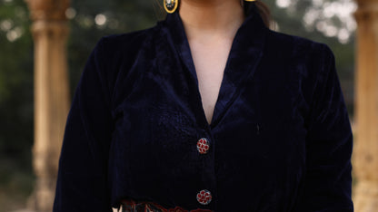Navy Blue Velvet Cordset with Silk Embroidered Belt