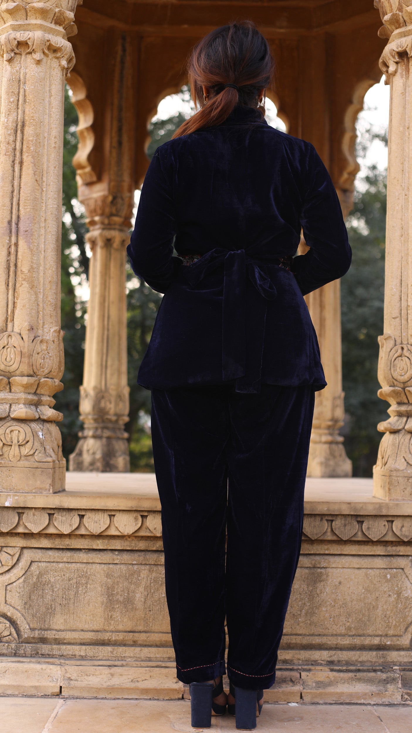 Navy Blue Velvet Cordset with Silk Embroidered Belt