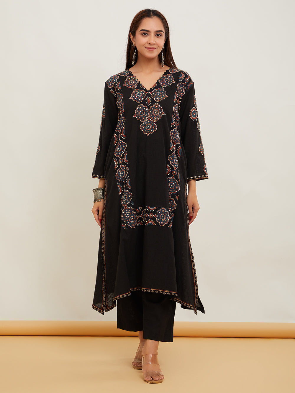 Black Ajrakh Patch Work Cotton Kurta with Pants- Set of 2