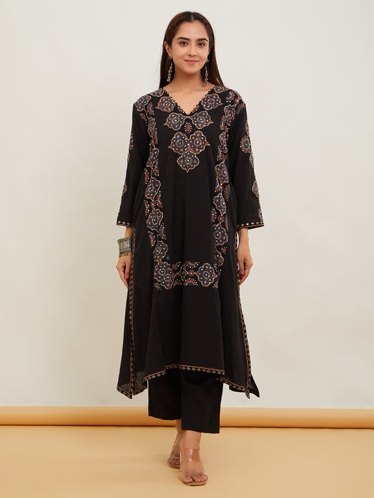Black Ajrakh Patch Work Cotton Kurta with Pants- Set of 2