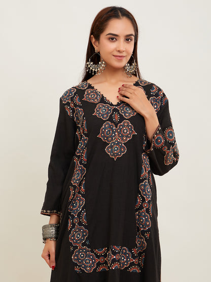 Black Ajrakh Patch Work Cotton Kurta with Pants- Set of 2