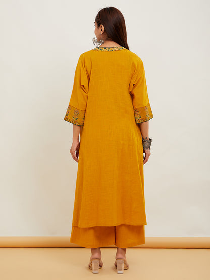 Mustard Yellow Ajrakh Applique Work Cotton kurta pant