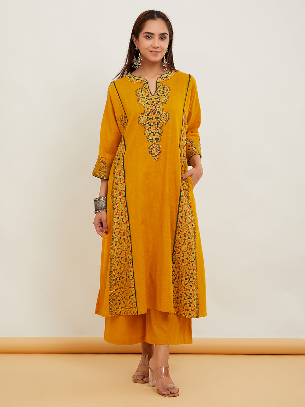 Mustard Yellow Ajrakh Applique Work Cotton kurta pant