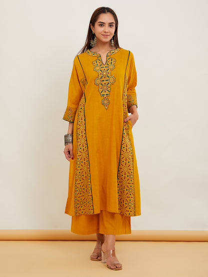 Mustard Yellow Ajrakh Applique Work Cotton kurta pant
