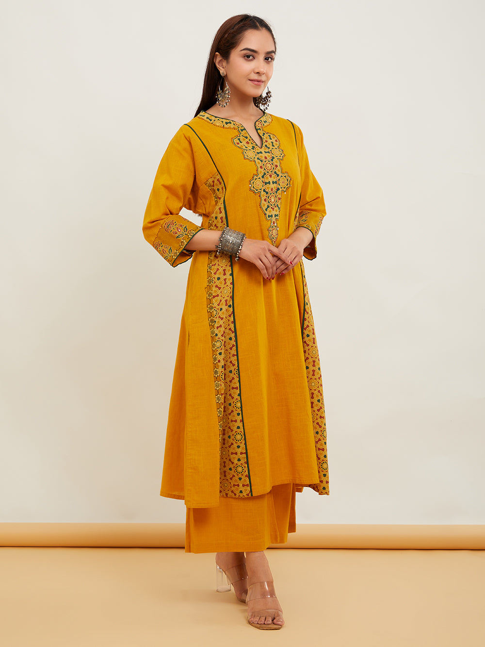 Mustard Yellow Ajrakh Applique Work Cotton kurta pant