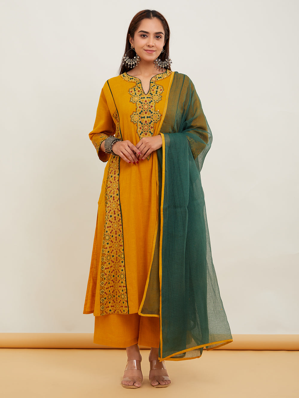 Mustard Yellow Ajrakh Applique Work Cotton Suit- Set of 3