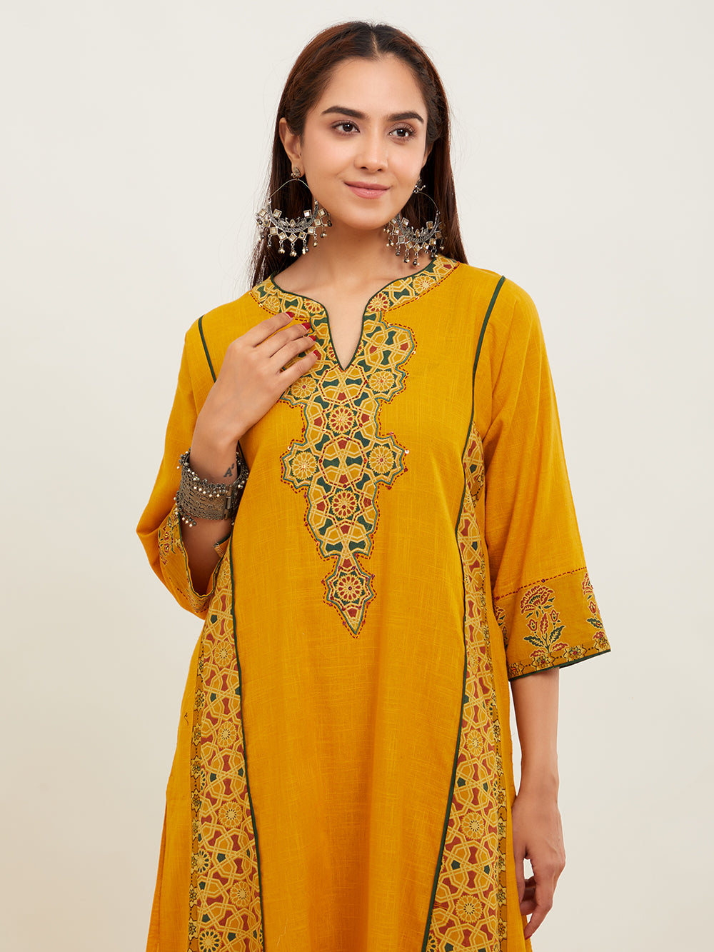 Mustard Yellow Ajrakh Applique Work Cotton kurta pant
