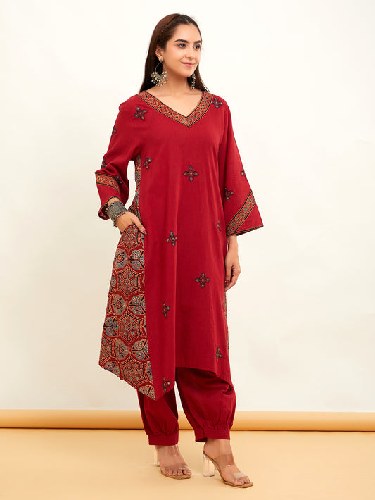 Red Ajrakh Cotton Slub Kurta And Pant