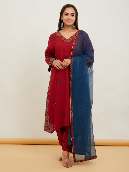 Red Ajrakh Cotton Slub Suitset