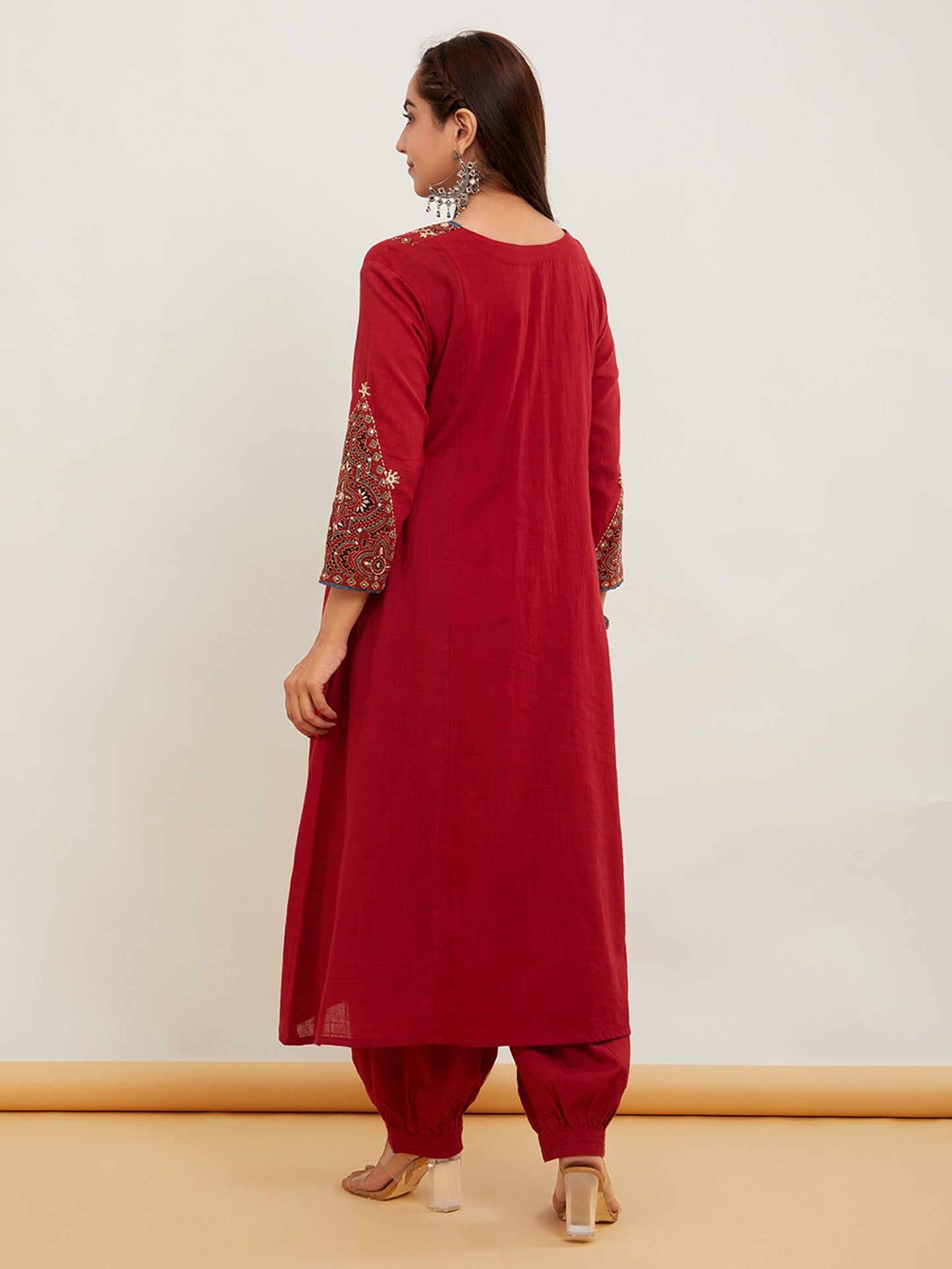 Red Cotton Slub Ajrakh Applique Kurta Pant - Set of 2