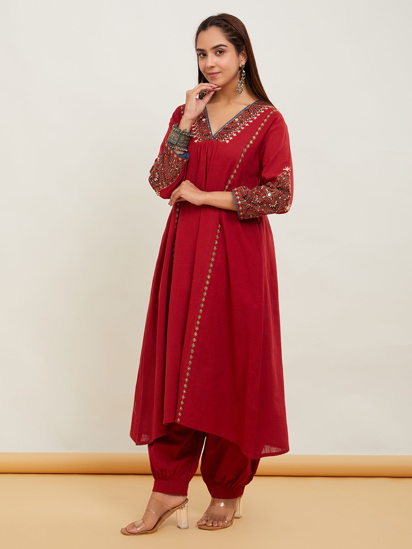 Red Cotton Slub Ajrakh Applique Kurta Pant - Set of 2