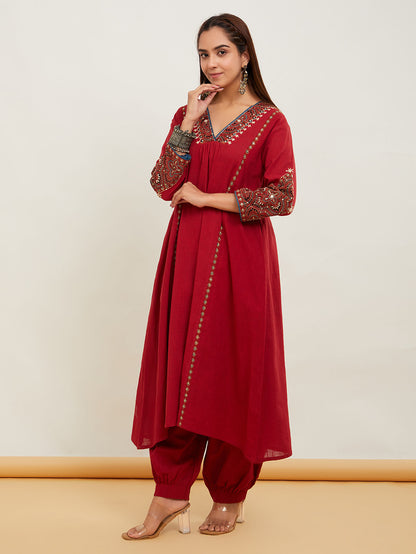 Red Cotton Slub Ajrakh Applique Kurta Pant - Set of 2
