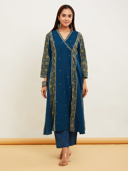 Blue Ajrakh Patch Work Cotton Kurta With Pant-Set of 2