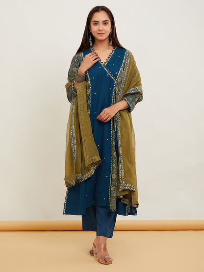 Blue Ajrakh Patch Work Cotton Kurta Suitset