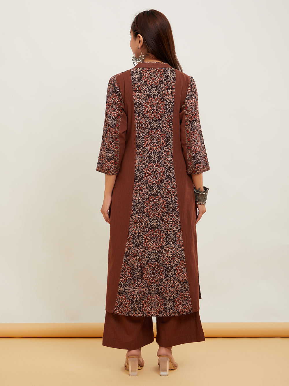 Burnt Sienna Cotton Slub Ajrakh Hand Embroidered Suitset