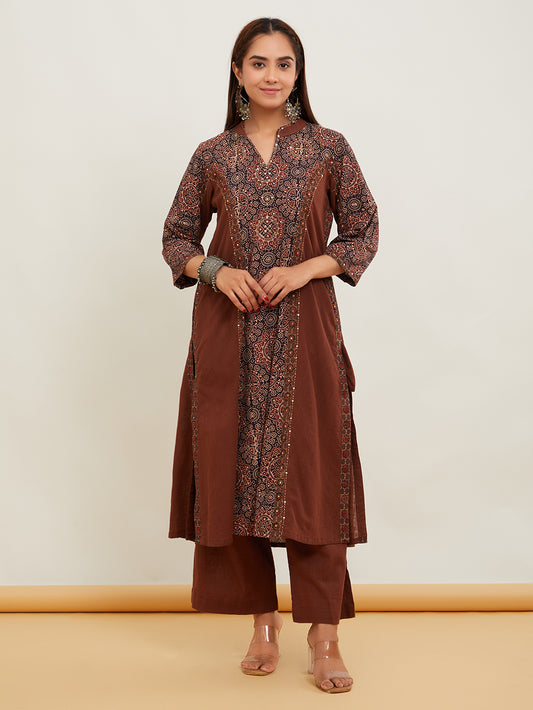 Brown Ajrakh Patch Work Cotton Kurta with Pants- Set of 2