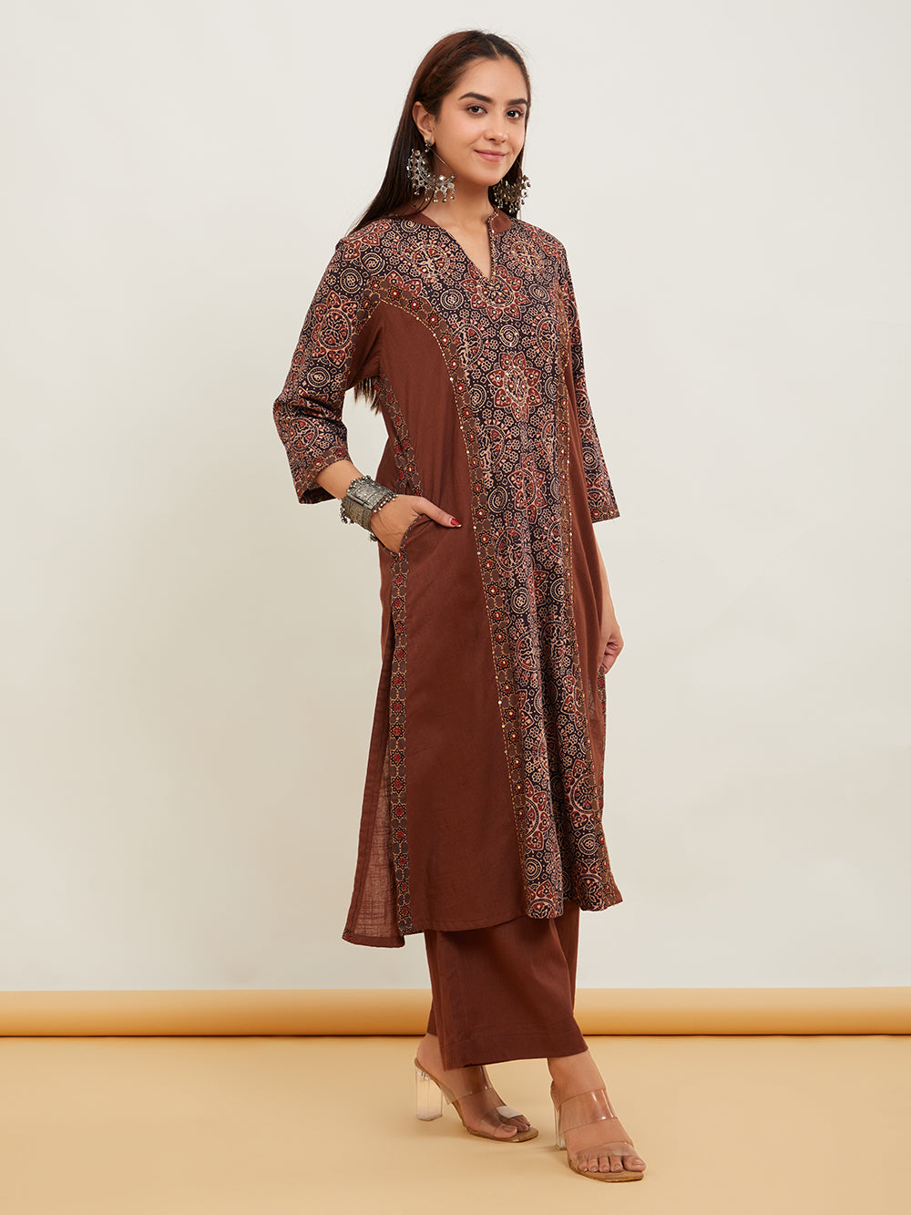 Burnt Sienna Cotton Slub Ajrakh Hand Embroidered Suitset