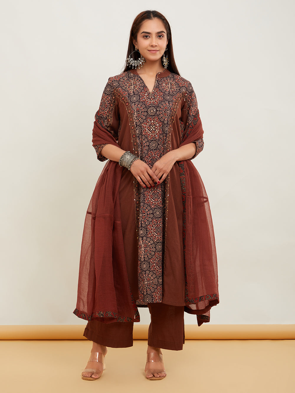 Burnt Sienna Cotton Slub Ajrakh Hand Embroidered Suitset