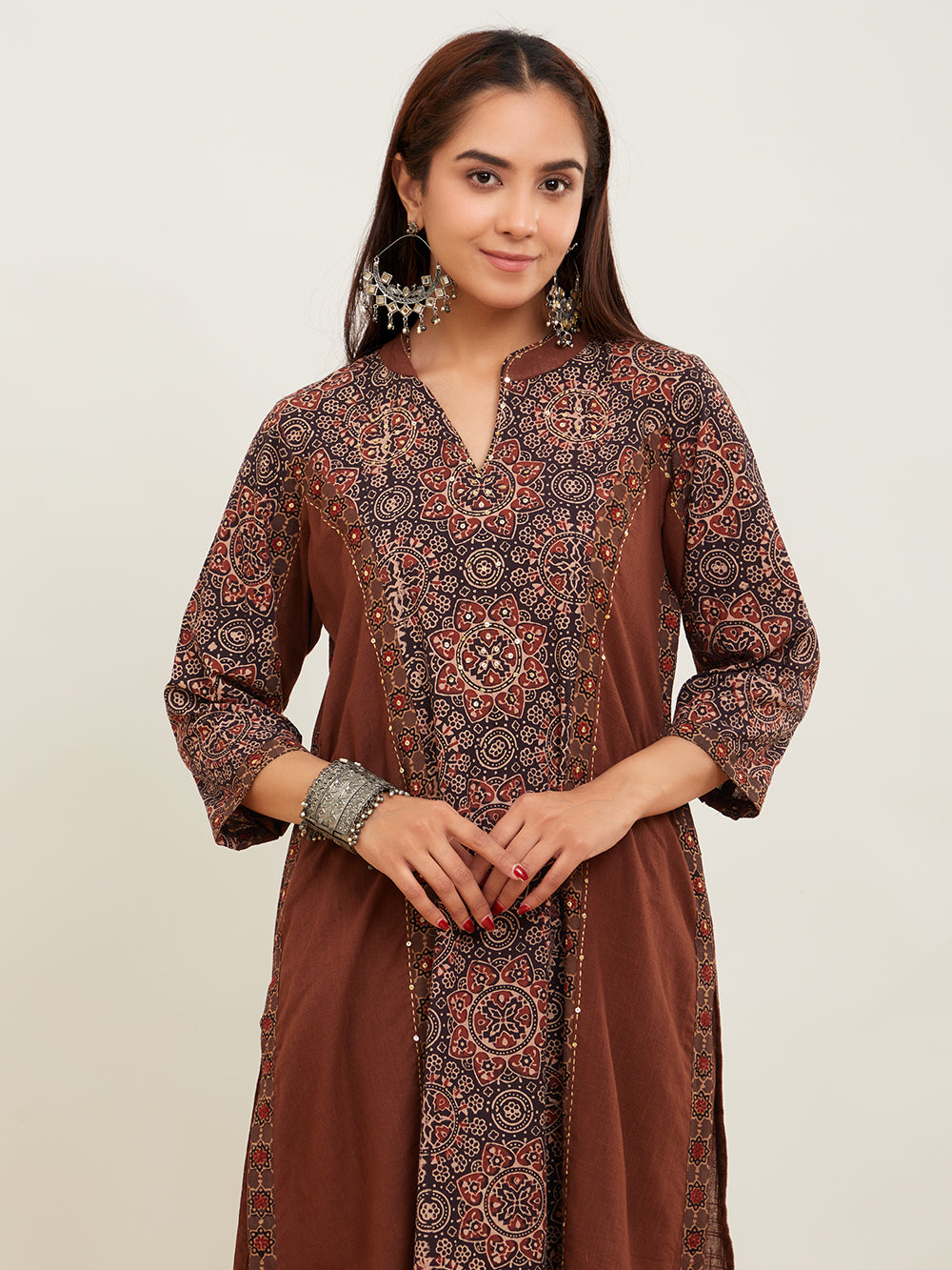 Burnt Sienna Cotton Slub Ajrakh Hand Embroidered Suitset