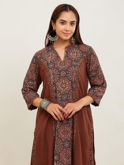 Burnt Sienna Cotton Slub Ajrakh Hand Embroidered Suitset