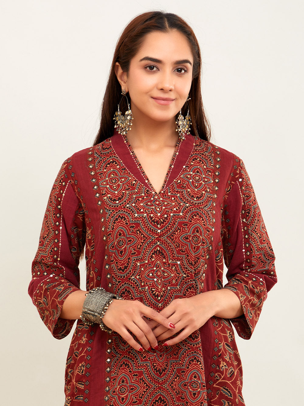 Red Ajrakh Patch Work Cotton kurta pant