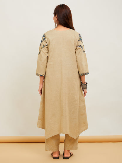 Beige Ajrakh Patch Work Cotton Suit- Set of 3