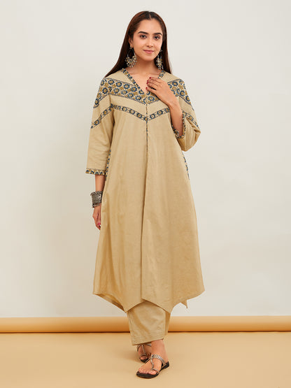 Beige Ajrakh Patch Work Cotton Suit- Set of 3