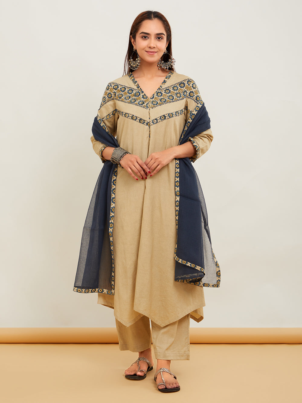 Beige Ajrakh Patch Work Cotton Suit- Set of 3